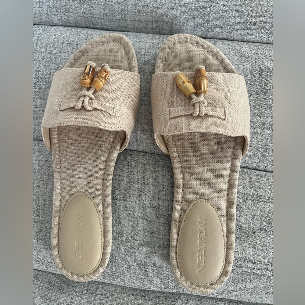 Tan Sandals with bamboo tassel worn once